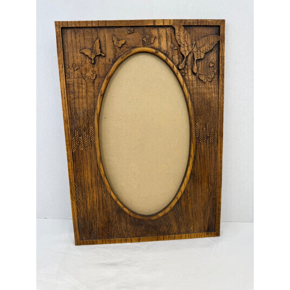 Vintage Faux Wood Resin Butterfly Wheat Oval Picture Frame Rustic Cottagecore